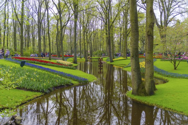 LISSE, NETHERLANDS, APRIL 22, 2018: Lots of people enjoying the blooming tulips in the Keukenhof,