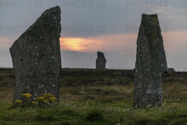 Sunset, Ring of Brodgar, stone circle and moat, Neolithic monument, UNESCO World Heritage Site,