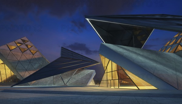 Contemporary triangle shape design modern Architecture building exterior with glass, concrete and