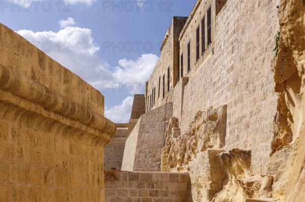 Walls of Fort St. Angelo, former fortress of the Knights of St. John, in Birgu, Malta, in 2017,