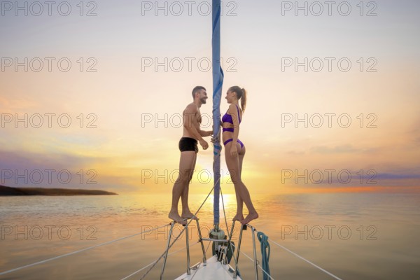 Romantic date on the yacht. Love story. Romantic walk on the yacht on sunset background. Guy and