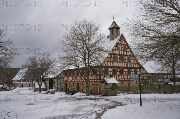 Snow-covered houses in the Hohenlohe Open-Air Museum, Wackershofen, half-timbered house, farmhouse,