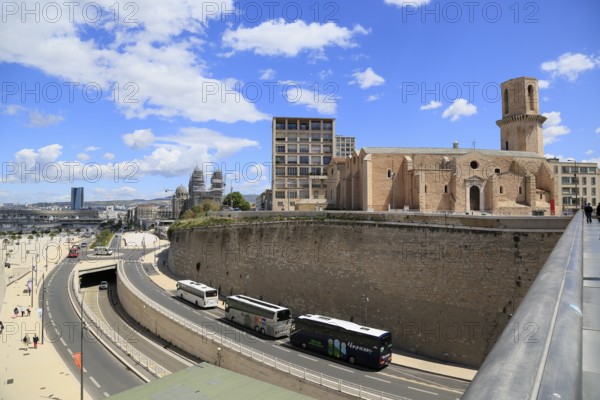 Saint Laurent church above the harbour entrance to the Vieux Port, behind La Major cathedral,