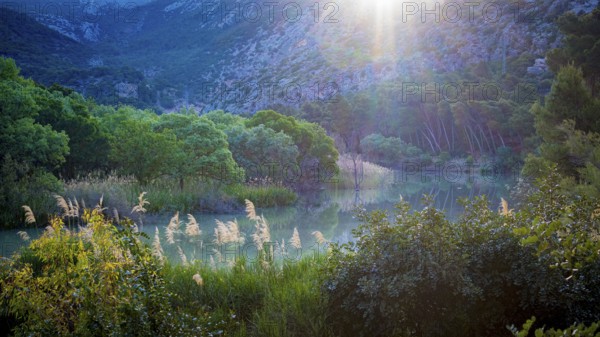 View on the nature and landscape of river Embalse de Gaitanejo on the hiking path Caminito Del Rey