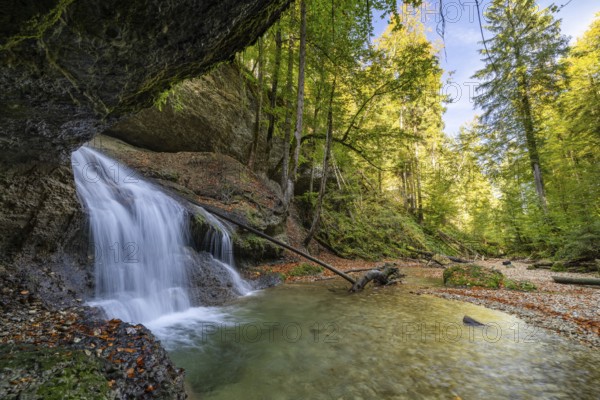 Picturesque waterfall in the middle of a tranquil forest with clear skies and surrounding rocks and