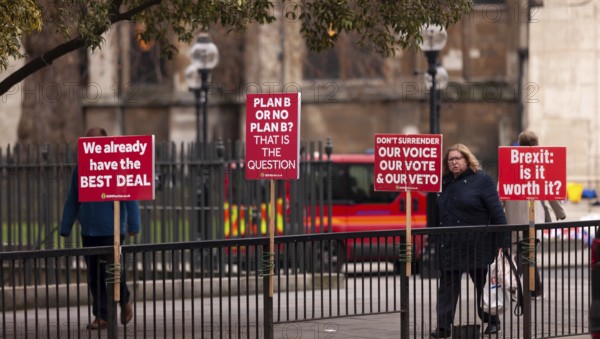 Protesters holding signs and banners in the street, focusing on Brexit issues in the Greater London