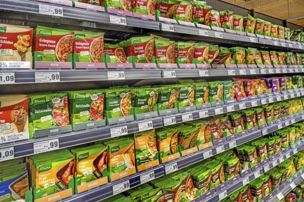 Shelf with ingredients in bags for various dishes in a wholesale store, Kempten, Allgäu, Bavaria,