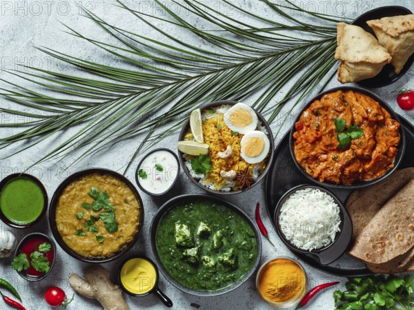 Indian cuisine dishes: tikka masala, dal, paneer, samosa, chapati, chutney, spices. Indian food on