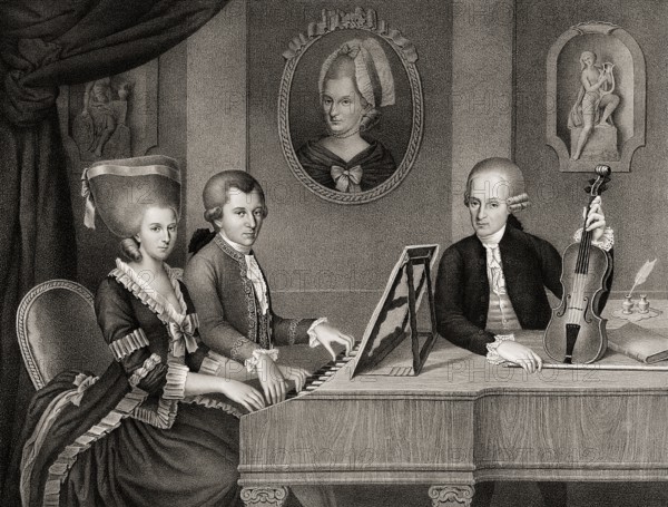 Wolfgang Amadeus Mozart with his sister Maria Anna Nannerl and father Leopold, on the wall a