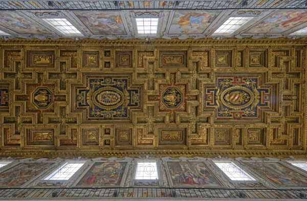Ornately decorated Renaissance ceiling with gold and intricate frescoes, Basilica of Saint Mary of