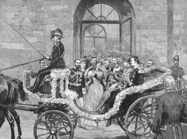 The departure of the bride and bridegroom to the castle of Kranichstein. Engraving published by the