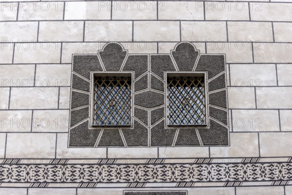 Detail with windows and black and white façade of the Kornhaus, Ulm, Baden-Württemberg, Germany,