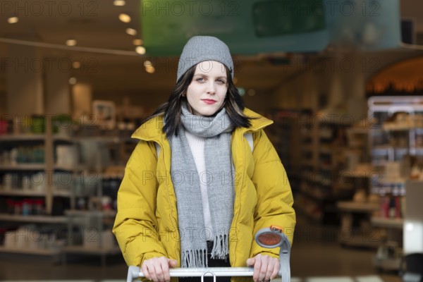 Woman in winter clothes shopping with a shopping trolley on foot, mobility, environmentally