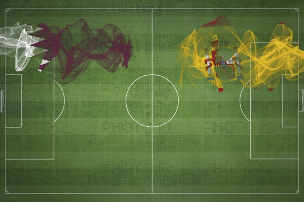 Qatar vs Spain Soccer Match, national colors, national flags, soccer field, football game,