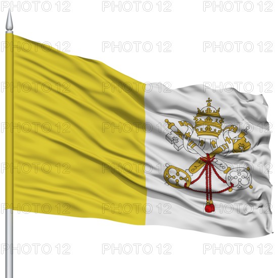 Vatican City Flag on Flagpole, Capital City of Vatican, Flying in the Wind, Isolated on White