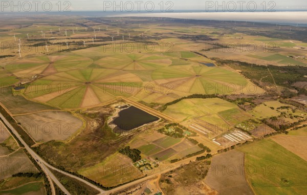 Irrigation, irrigation rings, reservoir, agriculture, wind turbines, coastal fog, clouds, Clarkson,