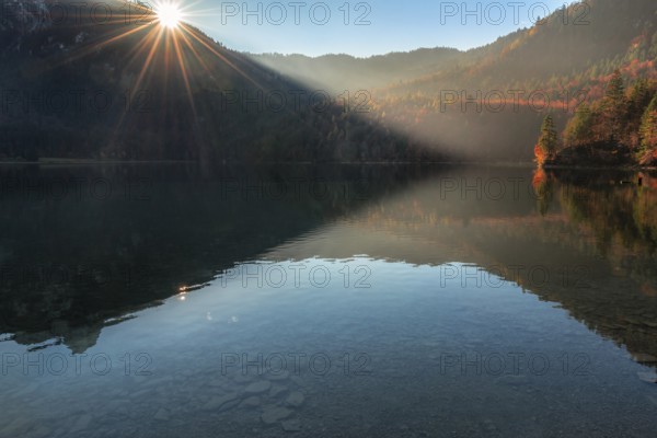 Contemplative autumn landscape with wooded hills, autumn forest, and the Alpsee lake, on a sunny