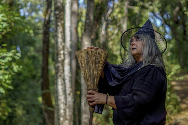 Old witch in black, dressed in black, seen in profile with her broom with a forest in the