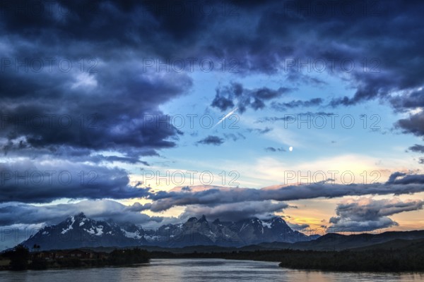 View over Lago Paine to the Cuernos and Torres del Paine, Torres del Paine National Park,