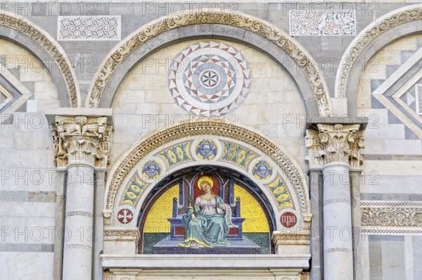 Mosaic by Giuseppe Modena da Lucca of the Saint Reparata, lunette above left door of the Cathedral