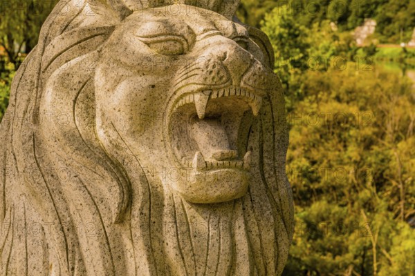 Daejeon, South Korea, September 16, 2019: Closeup of statue of lion roaring on display at Road