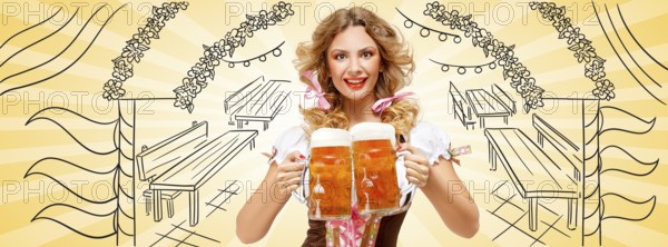 Beautiful sexy Oktoberfest woman wearing a traditional Bavarian dirndl dress serving two beer mugs