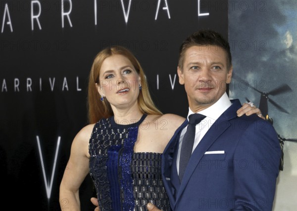Jeremy Renner and Amy Adams at the Los Angeles premiere of 'Arrival' held at the Regency Village