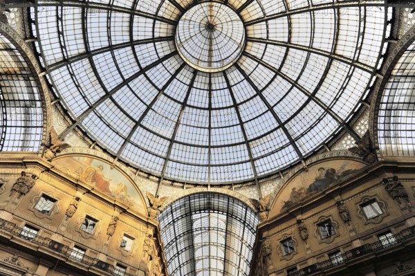 Vittorio Emanuele II Gallery, glass dome seen from the arcade, first covered shopping arcade in the