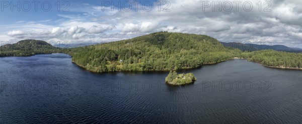 Loch at Eilein Castle, loch with island with castle ruins, drone shot, Rothiemurchus, Cairngorms