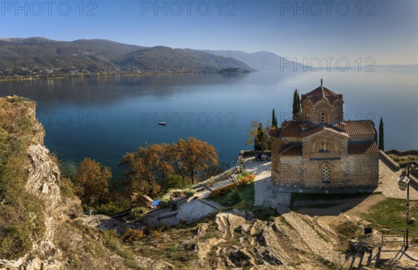 Ohrid, North Macedonia, 1 November, 2022: view of the church of Saint John and Lake Ohrid in North
