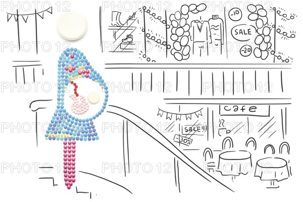 Creative medicine and healthcare concept made of pills, pregnant mother with a baby on sketchy