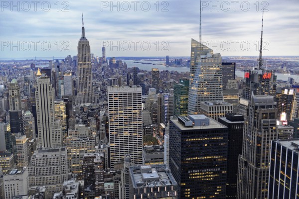 Rockefeller Center observation deck, panoramic view of the dense skyline of New York City, panorama