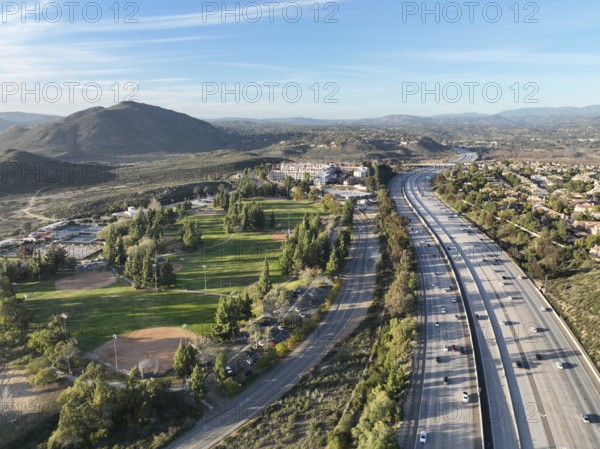 Aerial view of interstate 15 highway with in vehicle. San Diego, South California, USA, North
