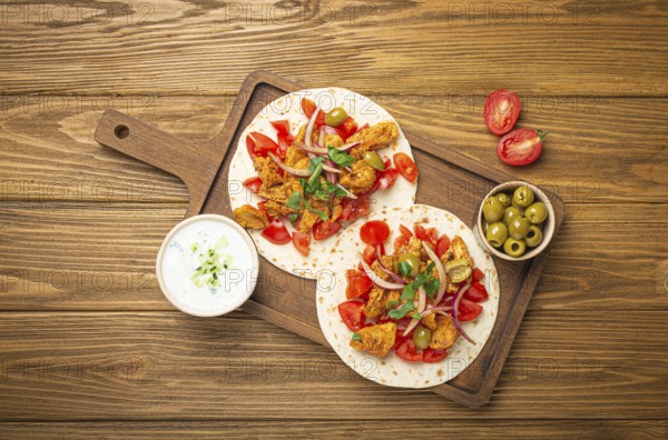 Cooking Traditional Greek Dish Gyros: Pita bread with vegetables, meat, herbs, olives on rustic