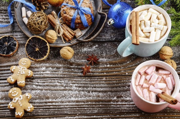 Flat lay Christmas background of two mugs of hot chocolate with marshmallows, spruce branch and