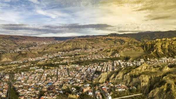 La Paz, Bolivia, aerial view flying over the dense, urban cityscape. San Miguel, southern distric.