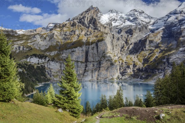 Amazing turquoise Oeschinnensee in Swiss Alps, Kandersteg, Bernese Oberland, Switzerland, Europe