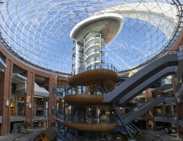 Belfast, United Kingdom, 21 August, 2022: the glass dome and elevator tower inside the Victoria