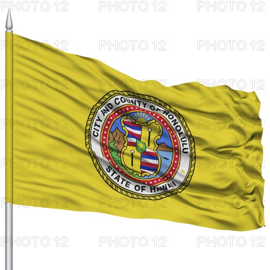 Honolulu Flag on Flagpole, Capital of Hawaii State, Flying in the Wind, Isolated on White