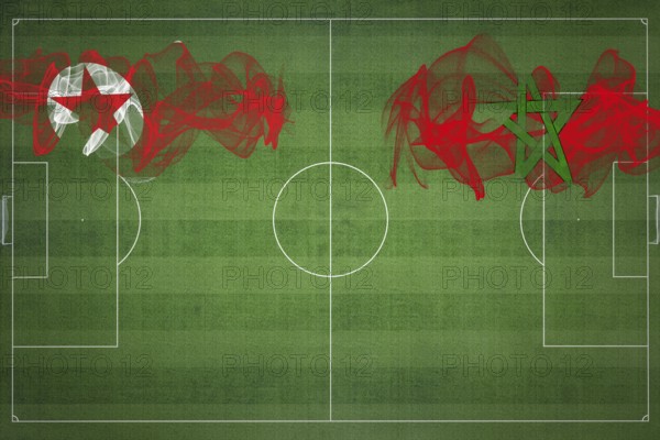 North Korea vs Morocco Soccer Match, national colors, national flags, soccer field, football game,