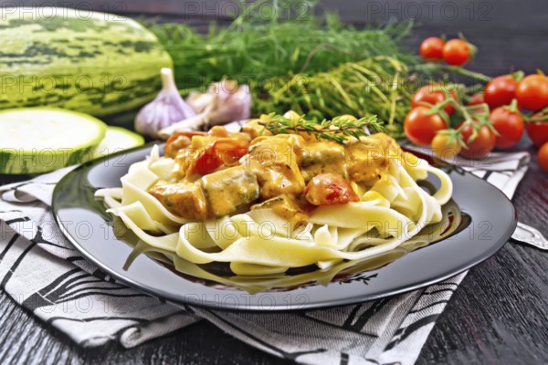 Tagliatelle pasta with meat goulash, tomato, zucchini and thyme in a plate on napkin, garlic, spicy