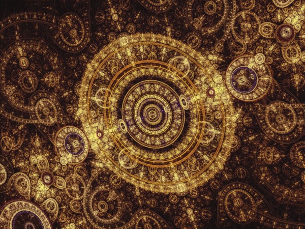 Golden fractal clock - modern pattern. Sacred geometry abstract background. Computer-generated