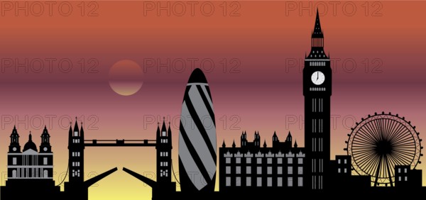 Illustration drawing of the London city skyline England with the wheel and the tower bridge by