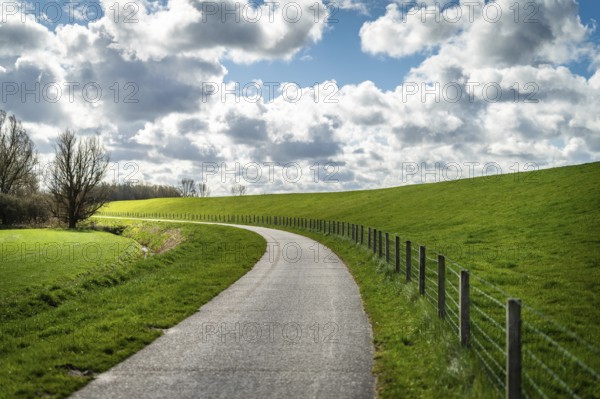 An empty country lane winds along green meadows and a fence under a cloudy sky, cycle path, Leer,
