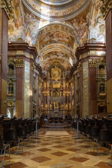 Melk, Austria, 22 September, 2022: vertical view of the ostentatious and ornate Melk Abbey church,