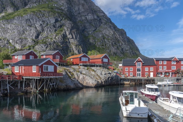 Landscape with traditional fishermen's houses, the so-called rorbuer, A i Lofoten, Moskenesoy,