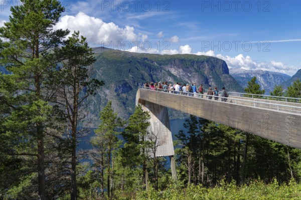 NORWAY, AURLANDSVANGEN, AUGUST 1, 2023: High viewpoint over the Aurlandsfjord, crowded with