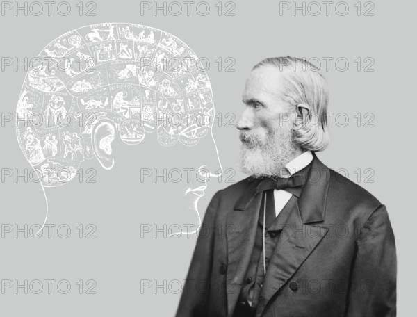 Orson Squire Fowler, 1809 – 1887, American phrenologist with a Phrenological Chart, head with