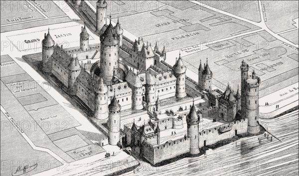 Pictorial reconstruction of the Louvre Palace in the 14th century by Fédor Joseph Hubert Hoffbauer,