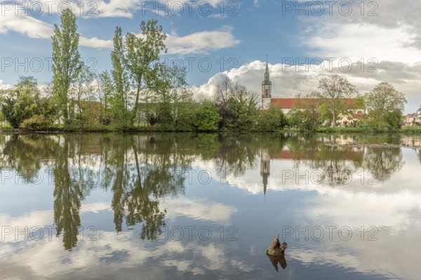 Huttenheim village reflected in a natural tree-lined river in spring. Bas Rhin, Alsace, France,
